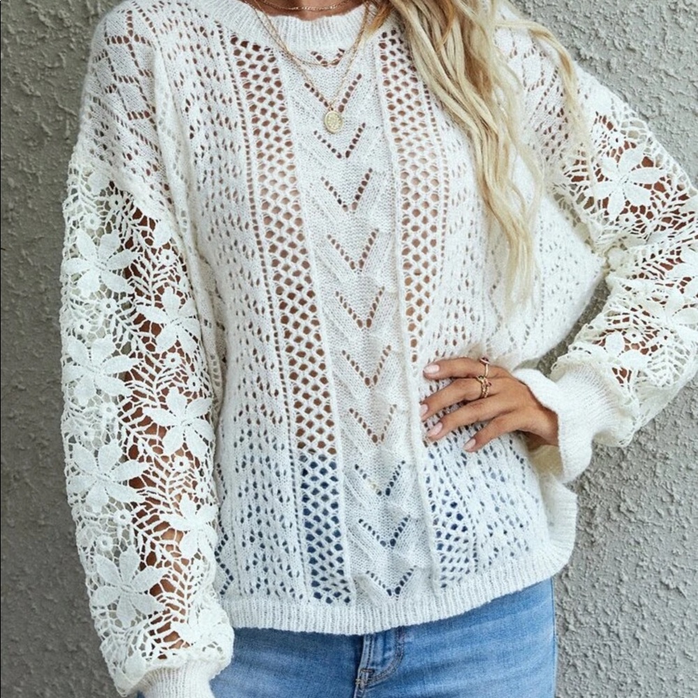 WHITE POINTELLE KNIT DROP SHOULDER SWEATER - Picture 7 of 9